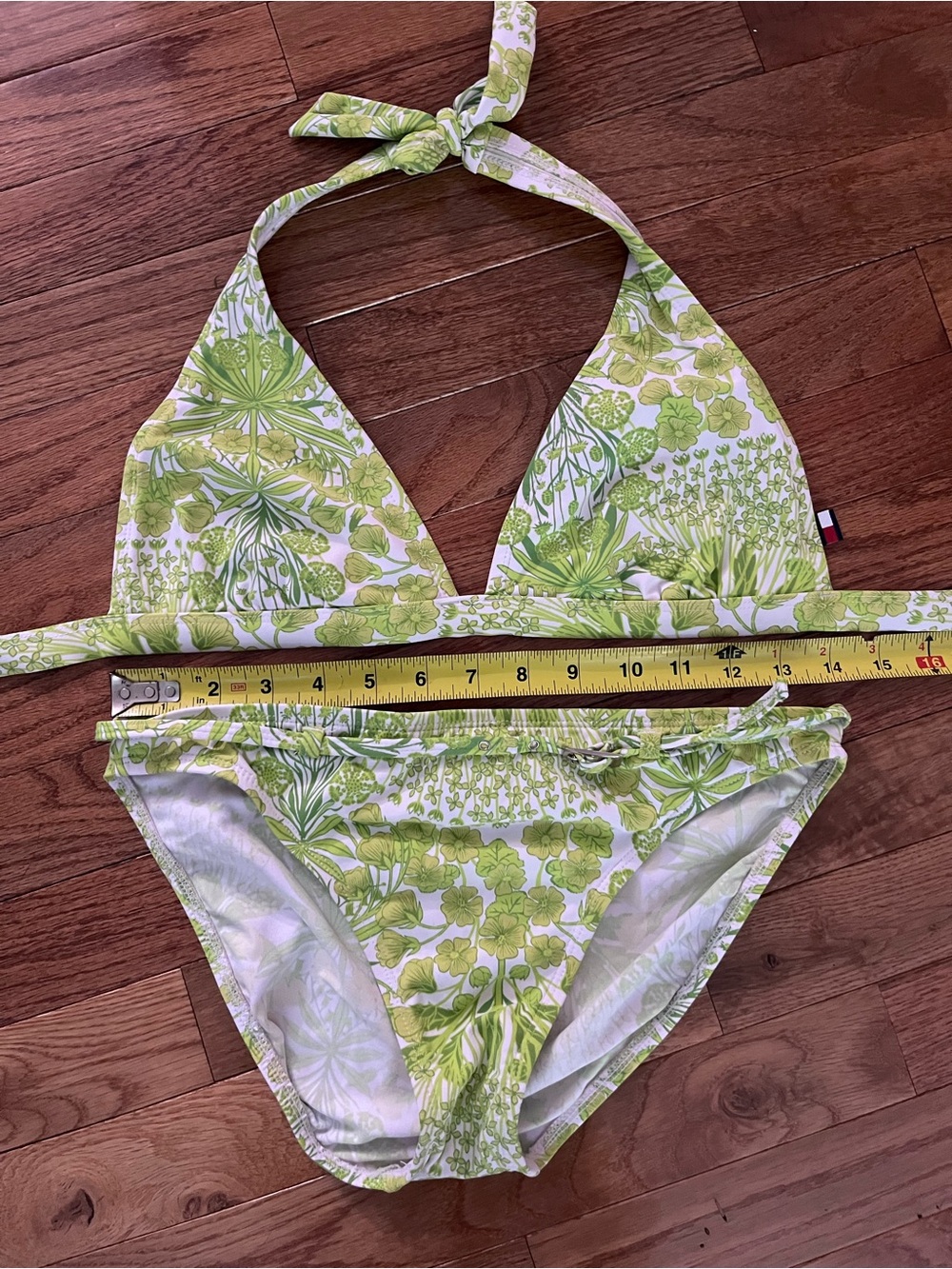 Tommy Hilfiger Green and White Floral Halter Bikini - vintage